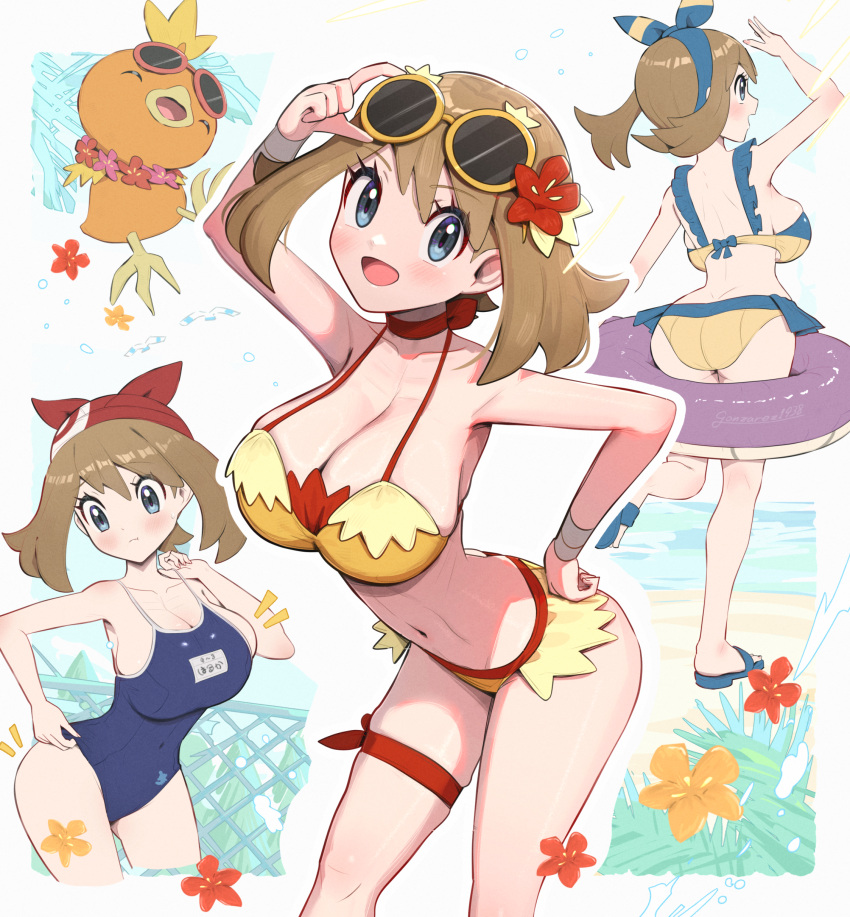 1girl absurd_res alluring alternate_costume big_breasts bikini gen_3_pokemon gonzarez high_res may may_(pokemon) nintendo one-piece_bikini pokemon pokemon_(creature) pokemon_oras pokemon_rse school_swimsuit swimsuit torchic