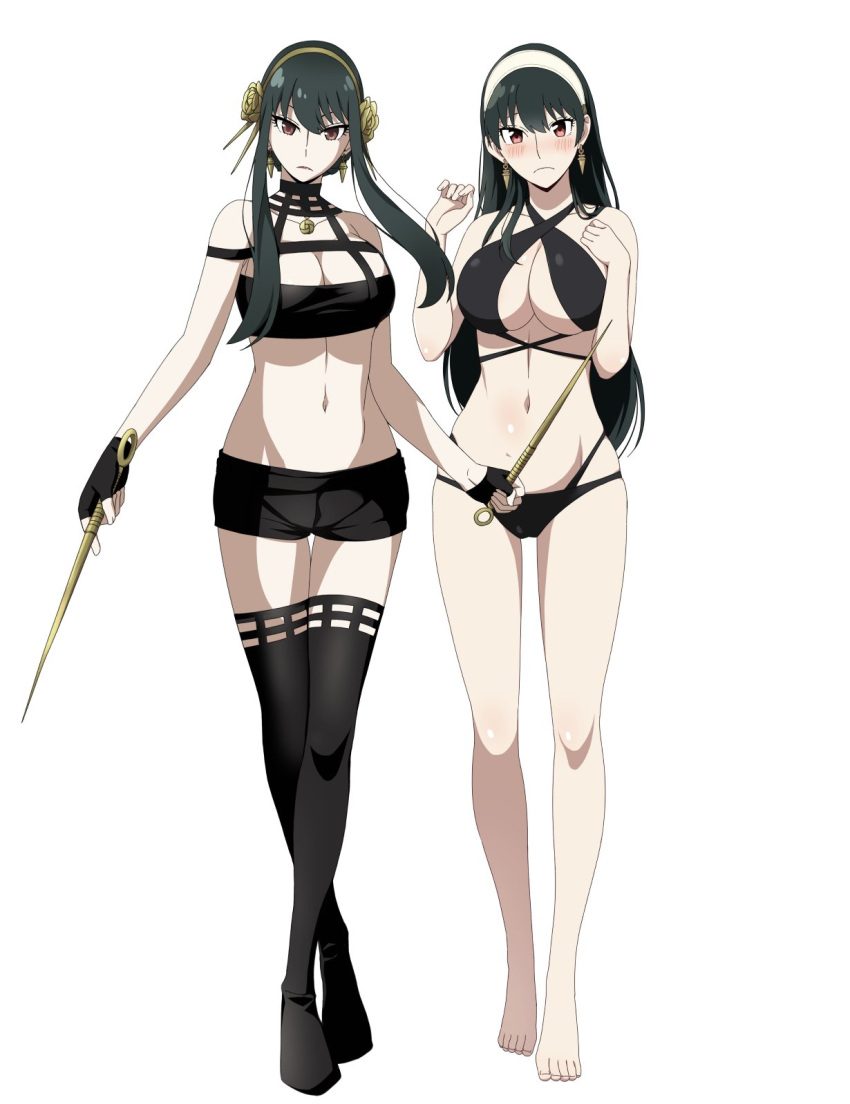 1girl adapted_costume alluring barefoot big_breasts black_hair blush cleavage earrings feet full_body gesugesu_ahoaho hairband high_res jewelry long_hair looking_at_viewer milf official_alternate_hairstyle official_style red_eyes shorts sidelocks simple_background spy_x_family stockings toes white_background yor_briar yor_forger