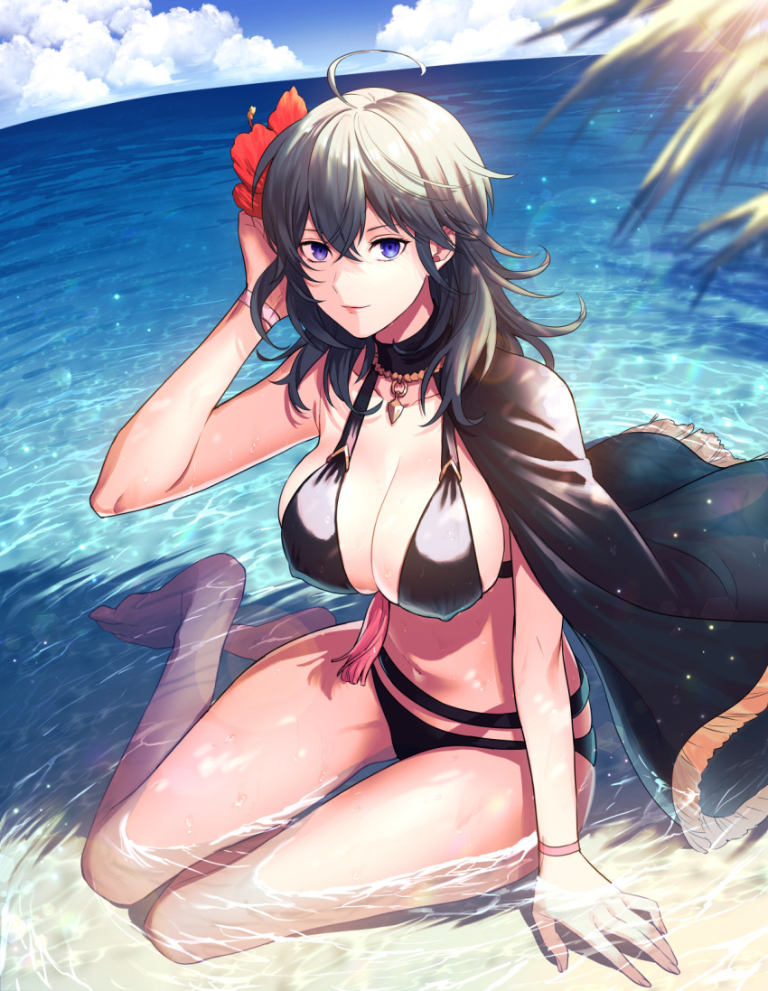 1girl adjusting_hair ahoge alluring bare_legs barefoot big_breasts bikini black_bikini blue_eyes blue_sky byleth_(fire_emblem) byleth_(fire_emblem)_(female) byleth_(summer)_(fire_emblem)_(female) cleavage closed_mouth cloud day fire_emblem fire_emblem:_three_houses fire_emblem_heroes flower hair_flower hair_ornament hibiscus high_res intelligent_systems navel nintendo ocean official_alternate_costume red_flower shallow_water sideboob sitting skindentation sky smile stomach swimsuit teal_hair thighs toriko_momomo water