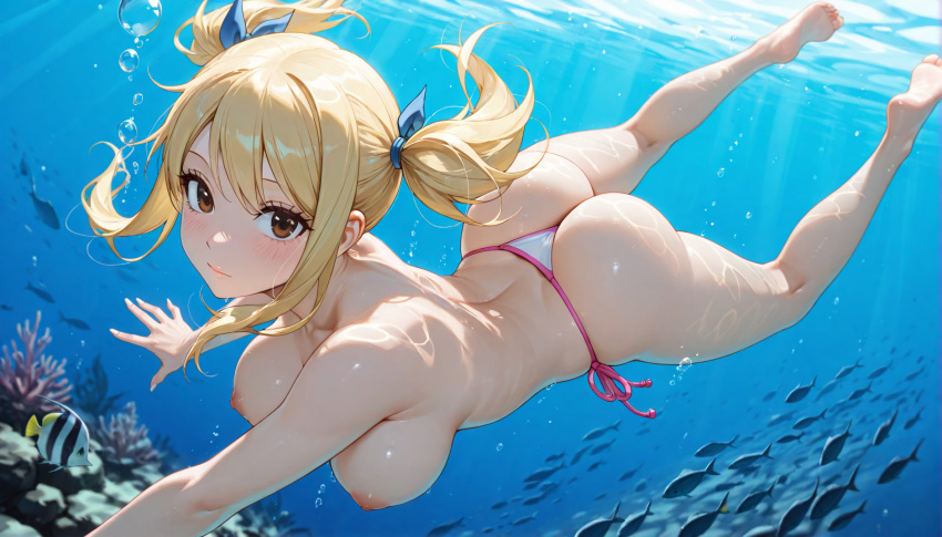 1girl ai_generated big_breasts bikini_bottom blonde_hair brown_eyes closed_mouth diving fairy_tail female illustrious_(stable_diffusion) lucy_heartfilia nipples ocean payop ponytail solo swimming thong topless uncensored underwater