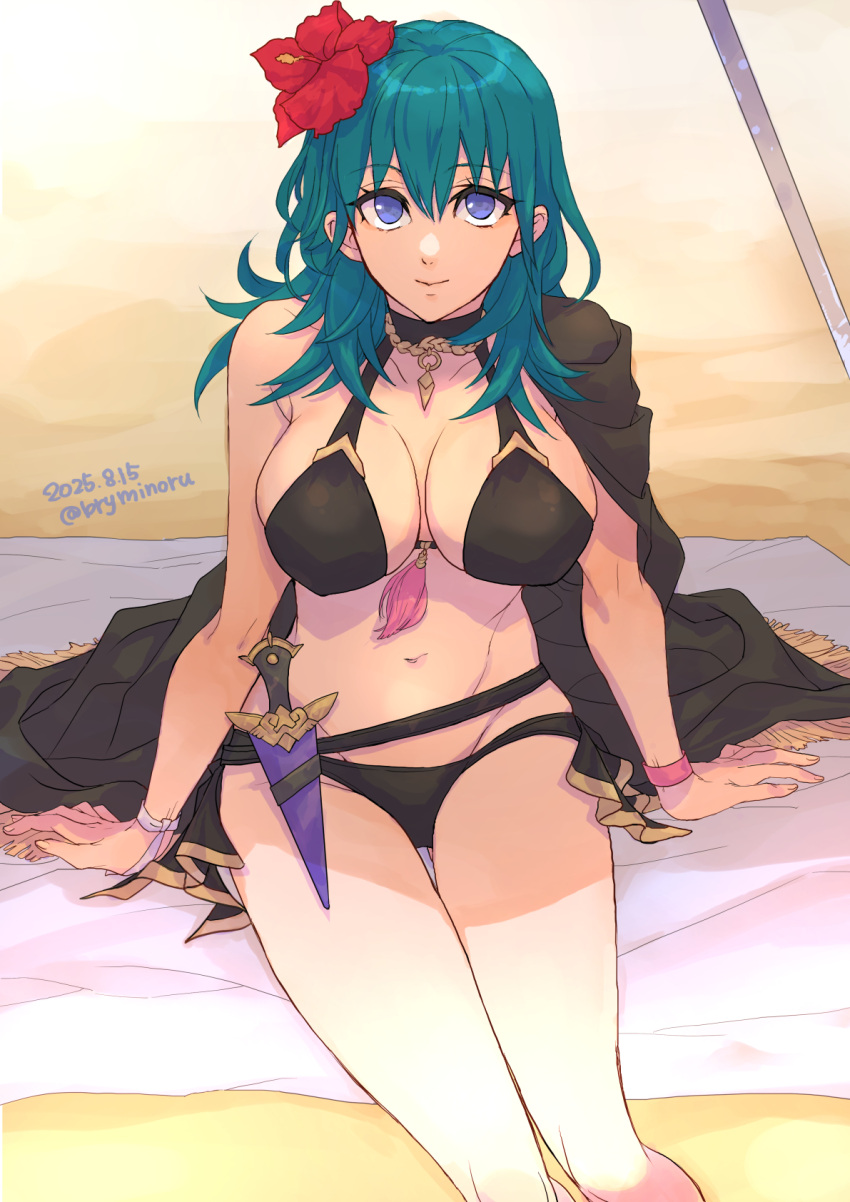 1girl alluring beach big_breasts bikini black_bikini black_cape blue_eyes bryminoru byleth_(fire_emblem) byleth_(fire_emblem)_(female) byleth_(summer)_(fire_emblem)_(female) cape cleavage closed_mouth dagger fire_emblem fire_emblem:_three_houses fire_emblem_heroes flower hair_flower hair_ornament hibiscus high_res knife long_hair looking_at_viewer navel nintendo official_alternate_costume red_flower sand sheath sheathed sideboob sitting skindentation smile swimsuit teal_hair towel weapon