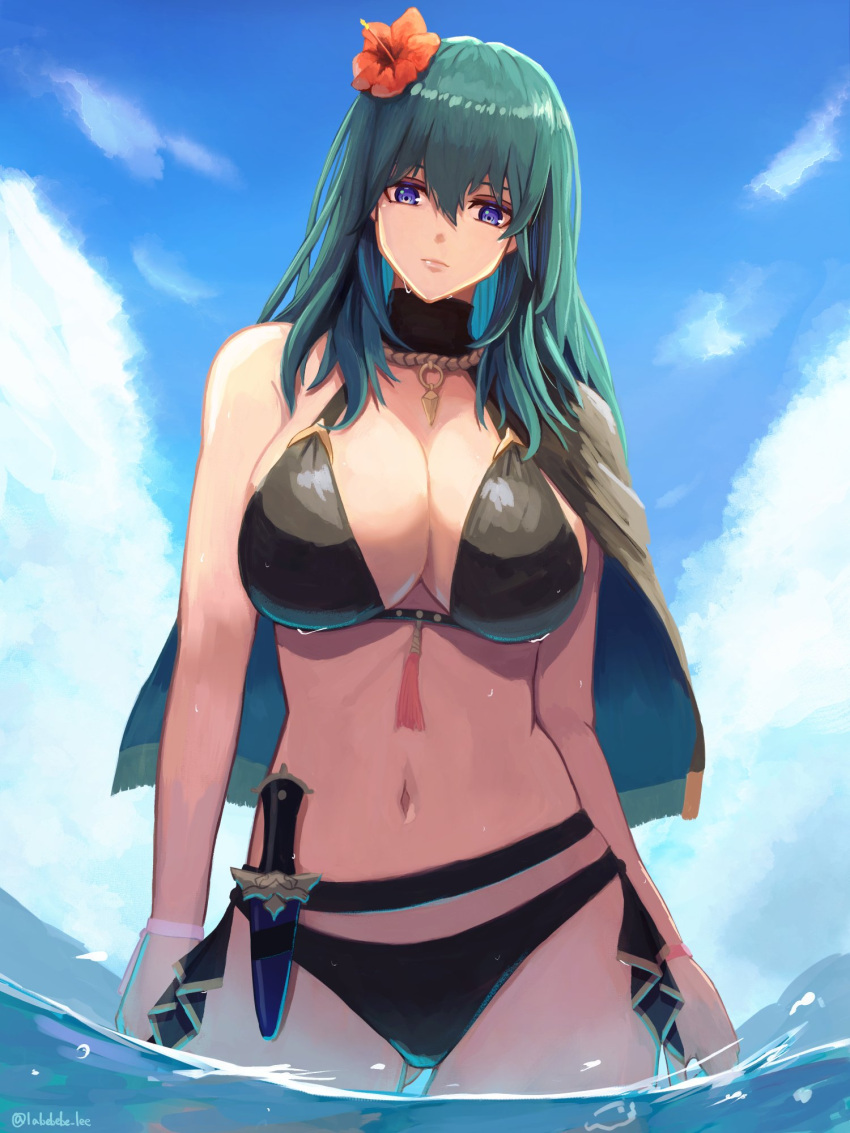 1girl alluring big_breasts bikini black_bikini black_cape blue_eyes blue_sky breasts byleth_(fire_emblem) byleth_(fire_emblem)_(female) byleth_(summer)_(fire_emblem)_(female) cape cleavage closed_mouth cloud dagger fire_emblem fire_emblem:_three_houses fire_emblem_heroes flower hair_flower hair_ornament hibiscus high_res intelligent_systems knife labebebe_lee long_hair looking_at_viewer navel nintendo ocean official_alternate_costume outside red_flower sheath sheathed sky stomach swimsuit teal_hair water weapon
