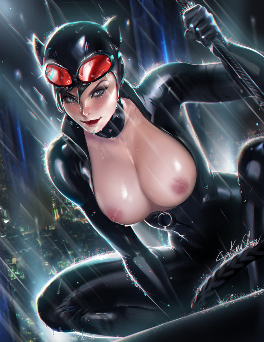 1girl animal_ears aqua_eyes batman_(series) big_breasts black_bodysuit black_choker black_hair bodysuit breasts breasts_out breasts_out_of_clothes breasts_outside cat_costume cat_ears catsuit catwoman choker city cityscape cleavage closed_mouth dc_comics dcau dutch_angle fake_animal_ears female_only female_solo goggles goggles_on_head hair_between_eyes lips lipstick looking_at_viewer makeup naughty_face night night_sky nipples outside rain raining red_lipstick sakimichan selina_kyle short_hair skin_tight smile water wet wet_body wet_clothes wet_hair