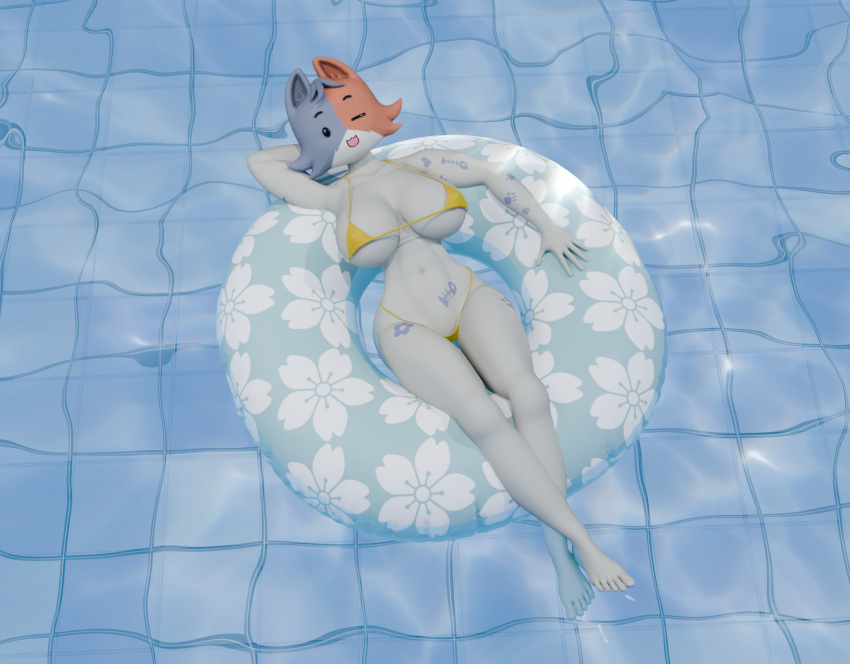 1girl anthro barefoot big_breasts bikini blender breasts cate_meowdy_(fortnite) daemont92 epic_games feet feline female fortnite pool solo swim_ring swimming tattoo thick_thighs voluptuous water wide_hips