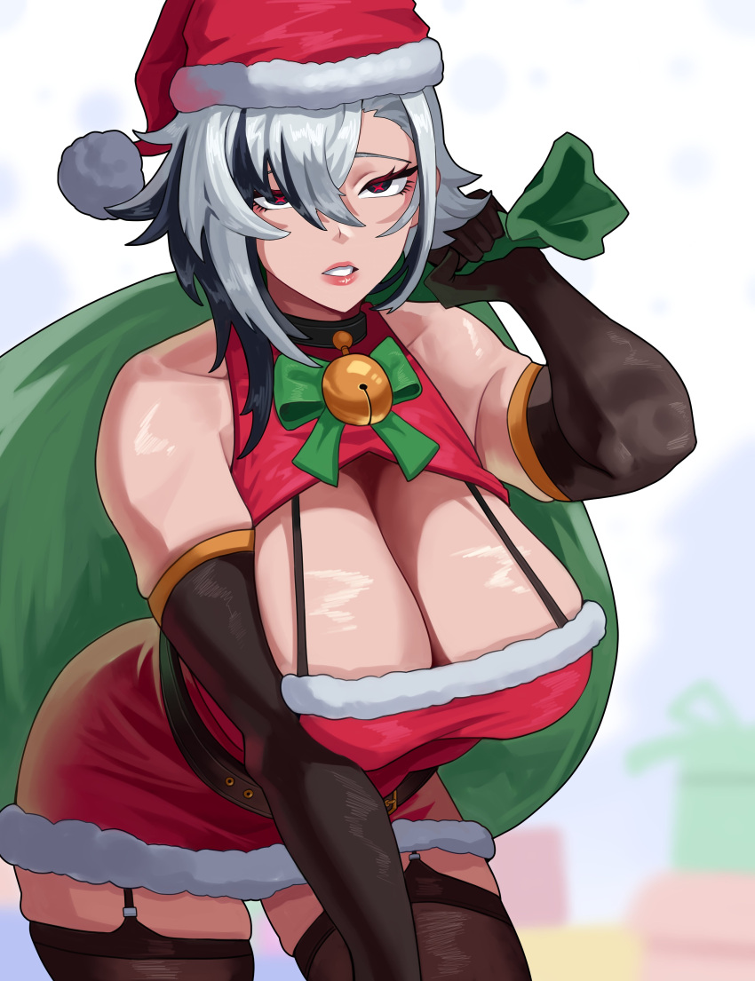1girl arapanchi arlecchino_(genshin_impact) big_breasts big_breasts black_hair breasts christmas female_only genshin_impact huge_breasts mature mature_female mature_woman multicolored_hair white_hair