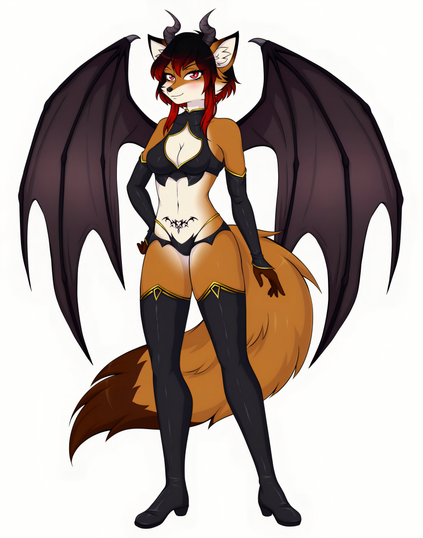 1girl ass big_breasts black_hair canine cute fluffy_tail fox gloves horns lingerie long_ears platform_boots platform_shoes posing red_hair seductive sexy short_hair smile succubus taifun_riders tail tattoo tattoo_on_belly thighs wings