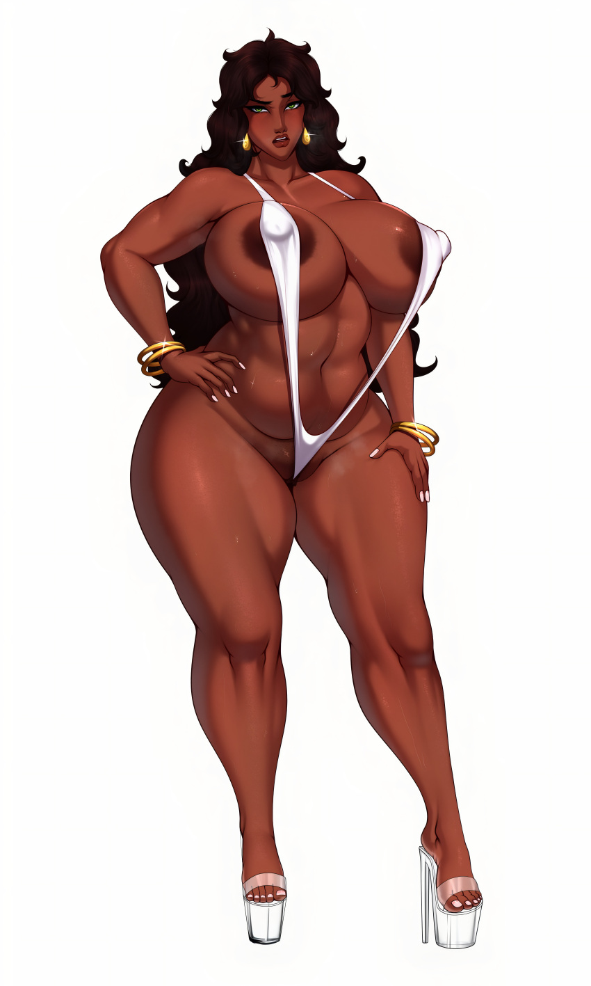 1girl big_ass big_breasts bikini bleach brown_hair curly_hair gold_jewelry long_hair m_jr_art mila_rose milf platform_shoes posing seductive sexy sling_bikini thick