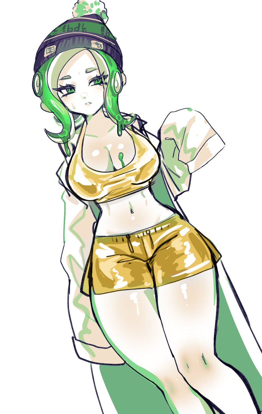 1girl big_breasts breasts cleavage green_hair labcoat mev_(mevlingo) navel nintendo norishiitsu splatoon tentacle_hair