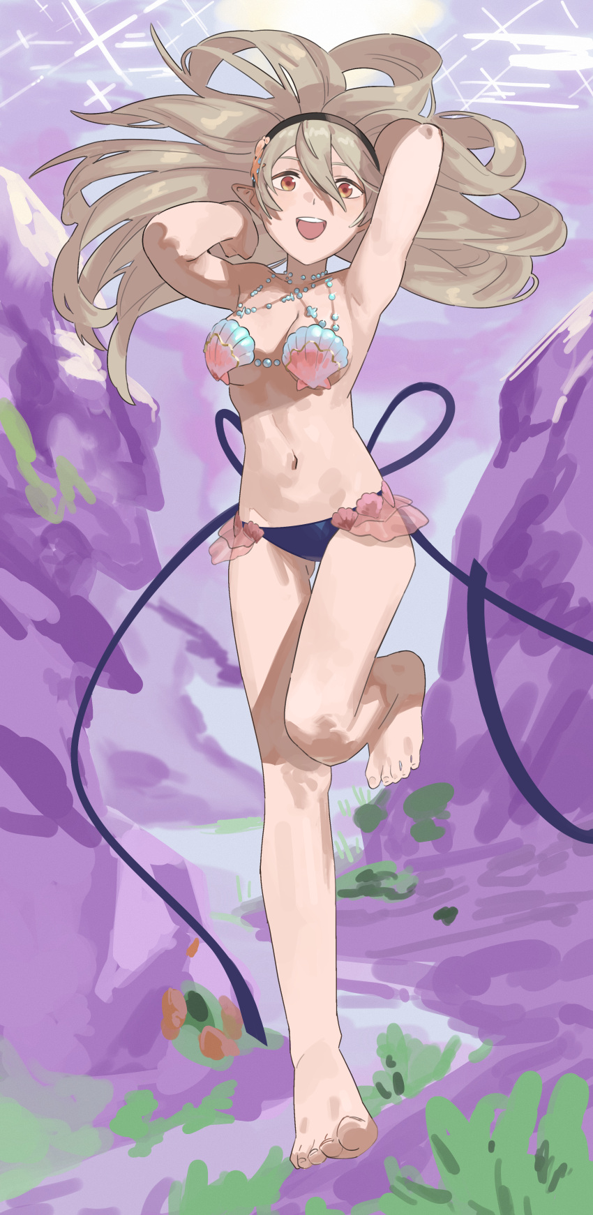 1girl :d absurd_res alluring arms_behind_head barefoot big_breasts bikini black_hairband blurry blurry_background cleavage commentary_request corrin_(fire_emblem) corrin_(fire_emblem)_(female) corrin_(summer)_(fire_emblem)_(female) fire_emblem fire_emblem_cipher fire_emblem_fates full_body grey_hair hair_between_eyes hairband high_res intelligent_systems kucheat_zg long_hair navel nintendo official_alternate_costume open_mouth pointy_ears red_eyes shell shell_bikini smile sparkle teeth upper_teeth_only