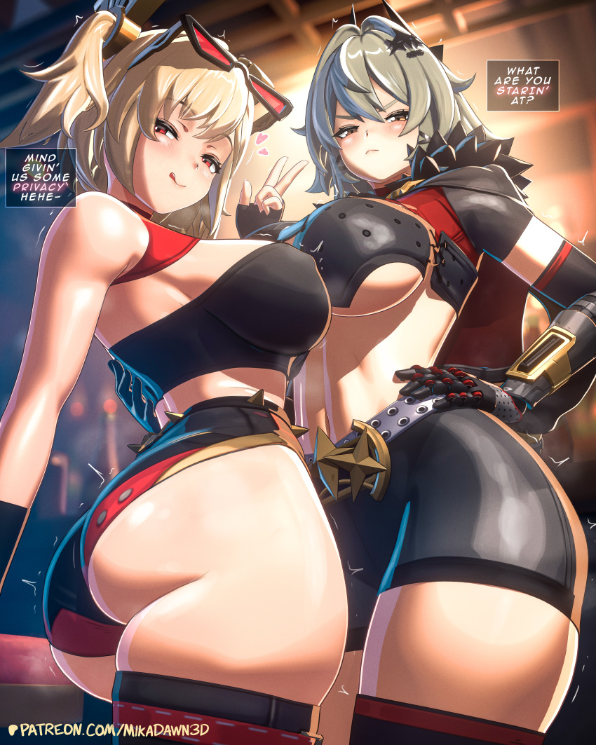 2_girls 3d ass big_ass big_breasts blonde_hair breasts bubble_ass bubble_butt burnice_white caesar_king_(zenless_zone_zero) dialogue english_text fat_ass female_only green_hair hand_on_hip huge_ass huge_breasts large_ass legwear mechanical mechanical_arm mikadawn stockings sunglasses sunglasses_on_head talking_to_viewer text thick_ass thick_thighs tomboy tomboyish tongue tongue_out wide_hips zenless_zone_zero