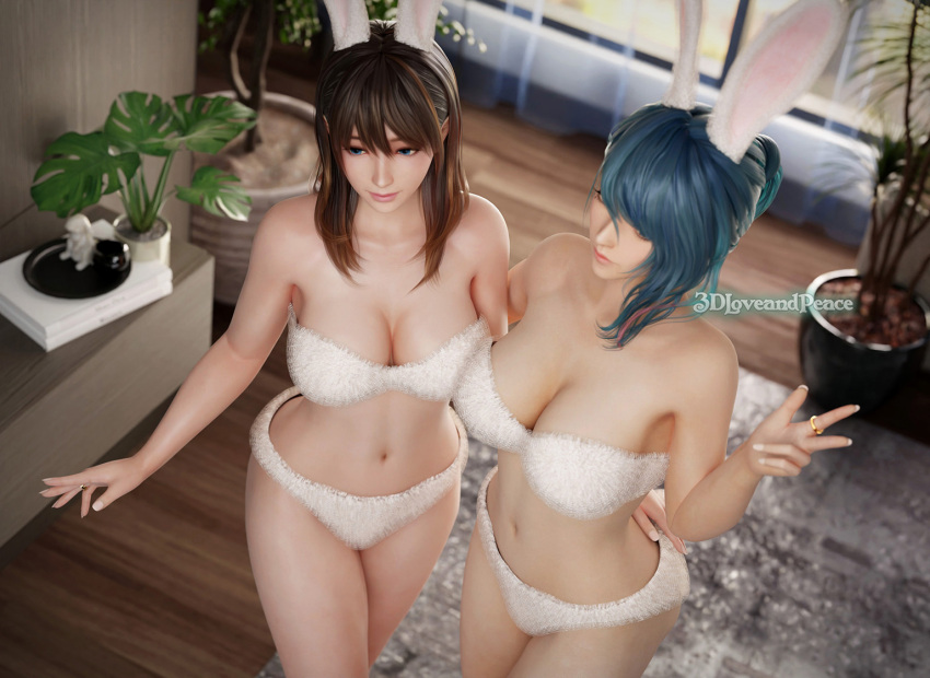 2_girls 3dloveandpeace alluring big_breasts black_and_brown_hair bra brown_eyes cleavage dead_or_alive dead_or_alive_6 dead_or_alive_xtreme_venus_vacation nanami_(doa) panties pin_up tamaki_(doa) teal_hair tecmo underwear