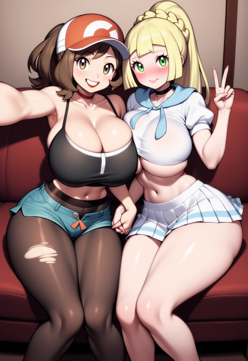2_girls adapted_costume ai_generated ass baseball_cap big_ass big_breasts bimbo bimbo_body bimbo_lips bimbofication bimbofied blonde_hair blush blush_lines breast_press breasts brown_eyes brown_hair cap choker collarbone colored_nails elaine_(pokemon) embarrassed embarrassed_female female_focus female_only green_eyes grin hand_up hat holding_hands hoodie huge_ass huge_breasts indoors legs_together lillie_(pokemon) lisptick long_eyelashes long_nails looking_at_viewer makeup massive_breasts micro_shorts midriff navel novelai on_chair on_couch pantyhose peace_sign pokemon pokemon_sm ponytail selfpic shiny_skin short_shorts short_skirt shy shy_smile sitting sitting_on_chair skirt smile spaghetti_strap tank_top tgm101_(artist) thick_lips thick_thighs thin_waist torn_pantyhose unbuttoned under_boob wide_hips