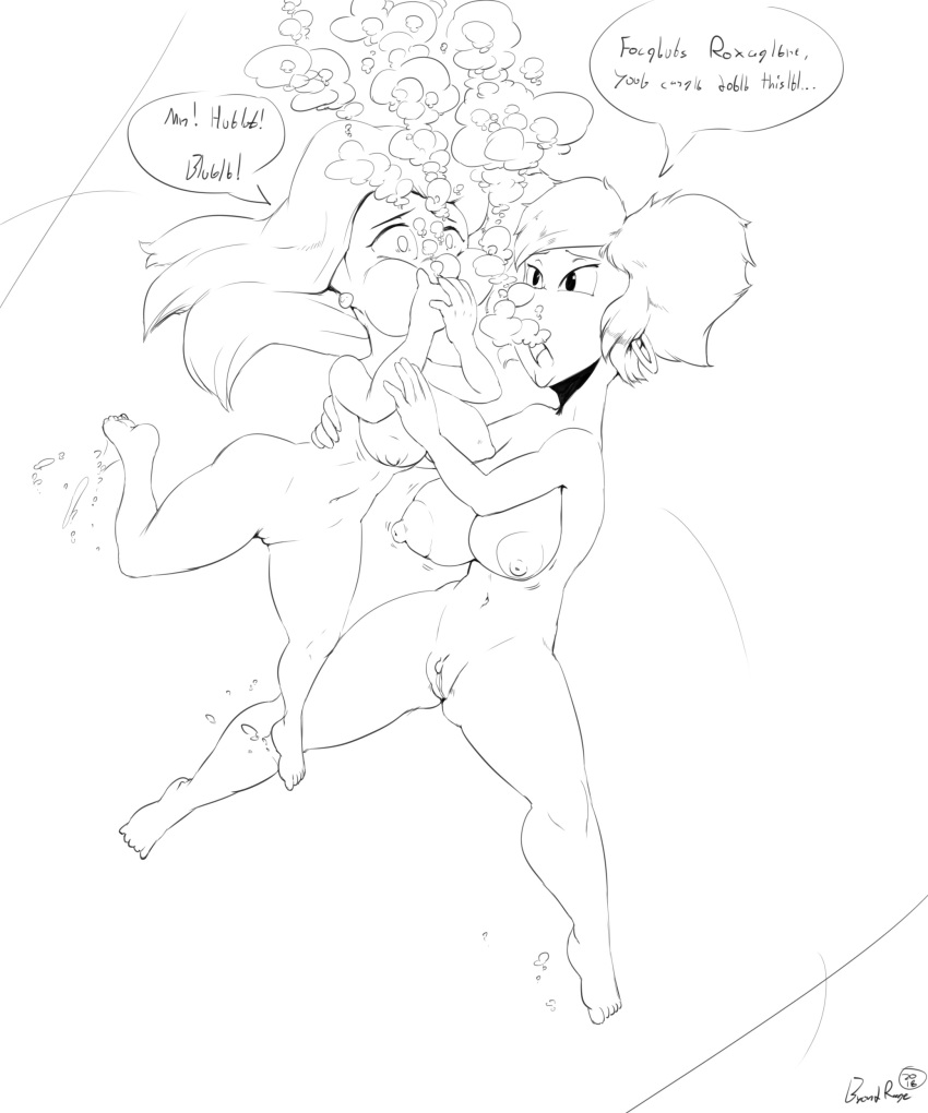 2girls age_difference air_bubbles anthro asphyxiation barefoot big_breasts breasts bubbles byondrage disney domestic_dog drowning feet female goof_troop huge_breasts mature_female milf navel nipples nude peg_pete peril pussy roxanne_(goof_troop) skinny_dipping swimming teen underwater underwater_peril water