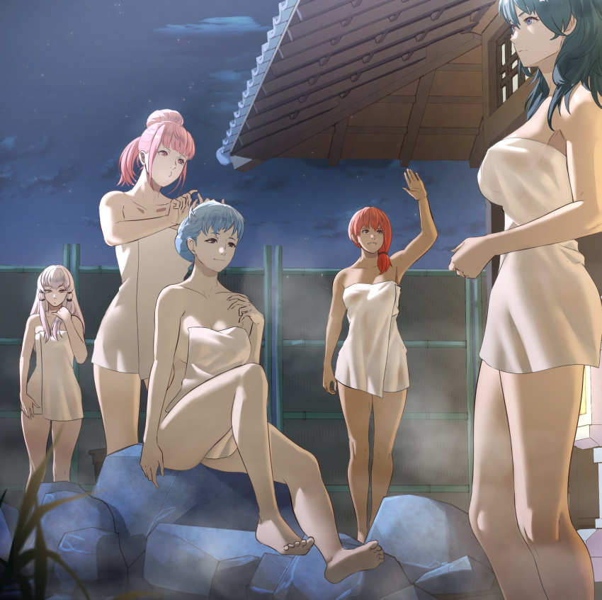 5girls absurd_res alluring barefoot big_breasts blue_eyes blue_hair brown_eyes byleth_(fire_emblem) commentary english_commentary feet fire_emblem fire_emblem:_three_houses grey_hair hair_bun high_res hilda_valentine_goneril intelligent_systems knee_up legs leonie_pinelli leonie_pinelli_(timeskip) long_hair lysithea_von_ordelia marianne_von_edmund multiple_girls naked_towel nintendo onsen orange_eyes orange_hair outside pink_eyes pink_hair pomelomelon short_hair small_breasts soles toes towel