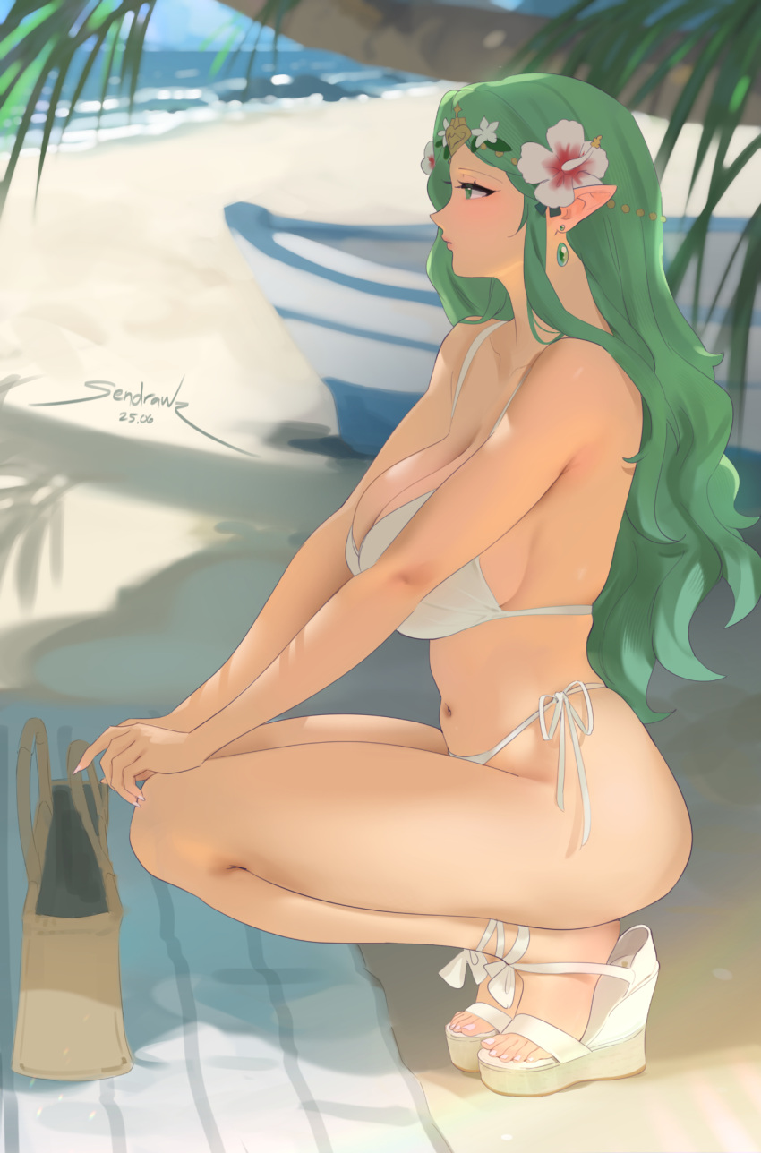 alluring beach beach_towel big_breasts bikini earrings fire_emblem fire_emblem:_three_houses flower_in_hair green_eyes green_hair intelligent_systems kneel milf nintendo o-ring_bikini palm_tree pointy_ears rhea_(fire_emblem) sandals sendrawz side-tie_bikini tagme thighs