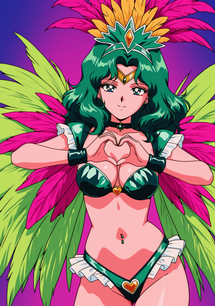1girl accurate_art_style adult_swim alluring big_breasts bishoujo_senshi_sailor_moon bishoujo_senshi_sailor_moon_r bishoujo_senshi_sailor_moon_r_the_movie bishoujo_senshi_sailor_moon_s bishoujo_senshi_sailor_moon_s_the_movie bishoujo_senshi_sailor_moon_supers bishoujo_senshi_sailor_moon_supers_the_movie carnival carnival_outfit cleavage heart_hands michiru_kaioh nightcore_(artist) samba_outfit teal_eyes teal_hair toei_animation toonami