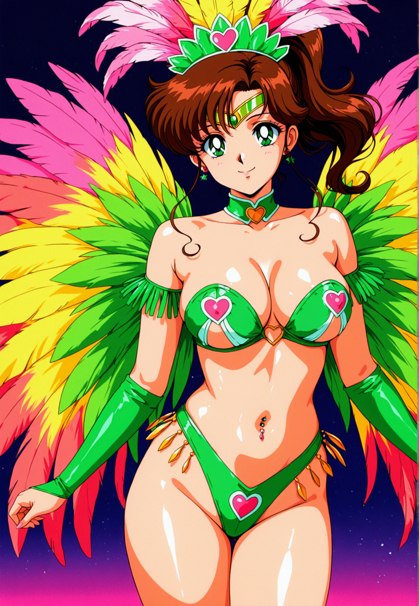 1girl accurate_art_style adult_swim alluring big_breasts bishoujo_senshi_sailor_moon bishoujo_senshi_sailor_moon_r bishoujo_senshi_sailor_moon_r_the_movie bishoujo_senshi_sailor_moon_s bishoujo_senshi_sailor_moon_s_the_movie bishoujo_senshi_sailor_moon_supers bishoujo_senshi_sailor_moon_supers_the_movie brown_hair carnival carnival_outfit cleavage green_eyes makoto_kino nightcore_(artist) samba_outfit toei_animation toonami