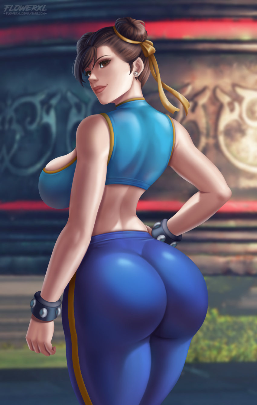 1girl 1girl 1girls ass backboob big_ass big_breasts big_breasts breasts bubble_ass bubble_butt chun-li female_only flowerxl from_behind huge_ass looking_at_viewer looking_back pants skin_tight standing street_fighter thick_thighs tight_pants wide_hips