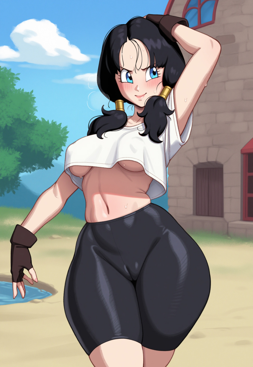 ai_generated bare_thighs big_breasts bike_shorts black_hair blue_eyes blush dragon_ball dragon_ball_z grin huge_breasts huge_thighs light-skinned_female light_skin massive_breasts onlycakez pigtails pussy_visible_through_clothes solo_female squatting sweat sweatdrop t-shirt thick_body thick_female thick_thighs thighs videl voluptuous voluptuous_female