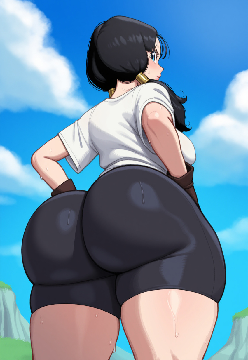 ai_generated back_view backboob bare_thighs big_ass big_ass big_breasts bike_shorts black_hair blue_eyes dragon_ball dragon_ball_z fat_ass gigantic_ass huge_breasts huge_thighs light-skinned_female light_skin looking_back massive_ass massive_breasts onlycakez pigtails solo_female squatting sweat sweatdrop t-shirt thick_body thick_female thick_thighs thighs videl voluptuous voluptuous_female
