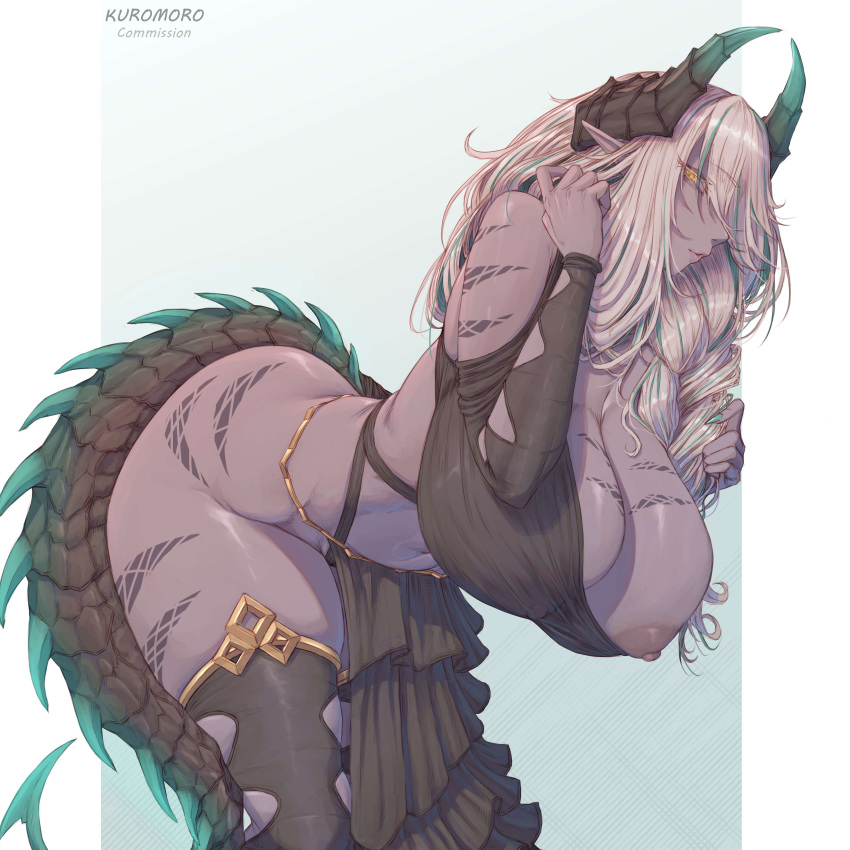 1girl bent_over big_breasts bubble_butt cleavage doggy_position horny inviting_to_sex kuromoro looking_at_viewer pose standing stockings teasing thick_thighs white_hair yellow_eyes