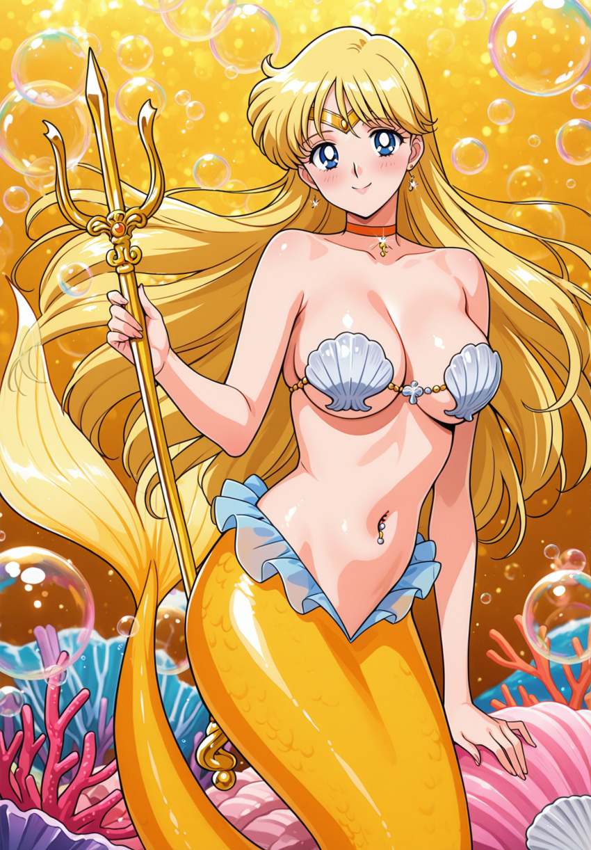 1girl accurate_art_style adult_swim alluring big_breasts bishoujo_senshi_sailor_moon bishoujo_senshi_sailor_moon_r bishoujo_senshi_sailor_moon_r_the_movie bishoujo_senshi_sailor_moon_s bishoujo_senshi_sailor_moon_s_the_movie bishoujo_senshi_sailor_moon_supers bishoujo_senshi_sailor_moon_supers_the_movie blonde_hair blue_eyes female holding_trident merfolk mermaid minako_aino nightcore_(artist) ocean seashell_bikini seashell_bra solo toei_animation toonami trident underwater