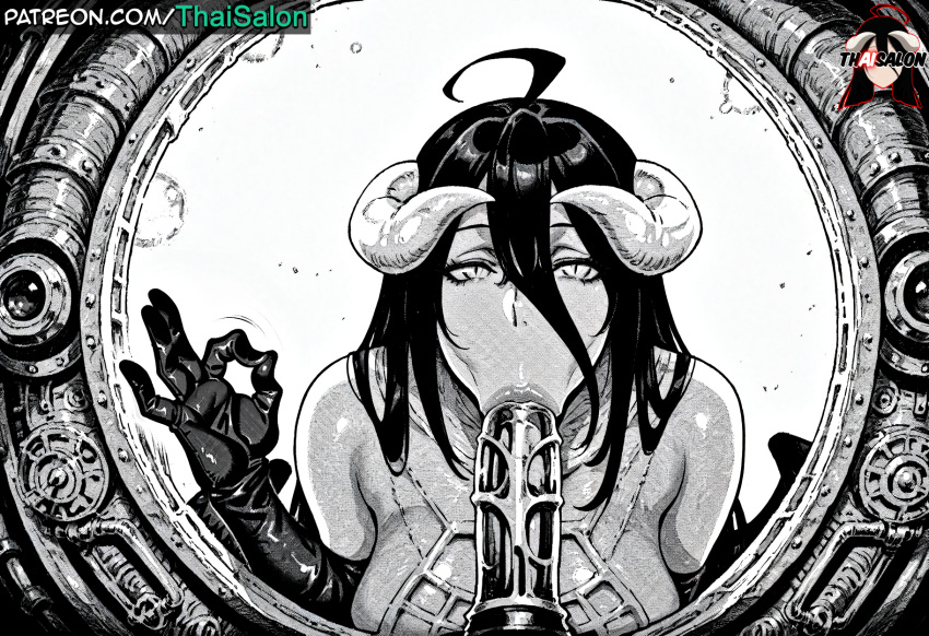 1girl 1girl 1girl 1girls ahoge ai_assisted ai_generated albedo_(overlord) bangs bare_shoulders big_breasts blowjob_face blowjob_gesture breasts chromatic_abberation curled_horns demon_girl demon_horns dildo fellatio gesture gloves greyscale hair_between_eyes hires horns long_hair looking_at_viewer manga monochrome nonchalant overlord_(maruyama) patreon patreon_username sexually_suggestive stable_diffusion tagme thaisalon upper_body watermark