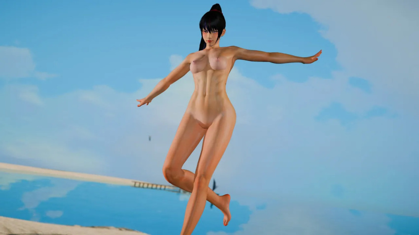 1girl alluring bare_legs beach big_breasts black_and_red_and_purple_hair blue_sky kitsune_marks kunimitsu_ii kunoichi lavender_eyes namco nude ocean pin_up posing purpleshinobitk pussy tekken tekken_8