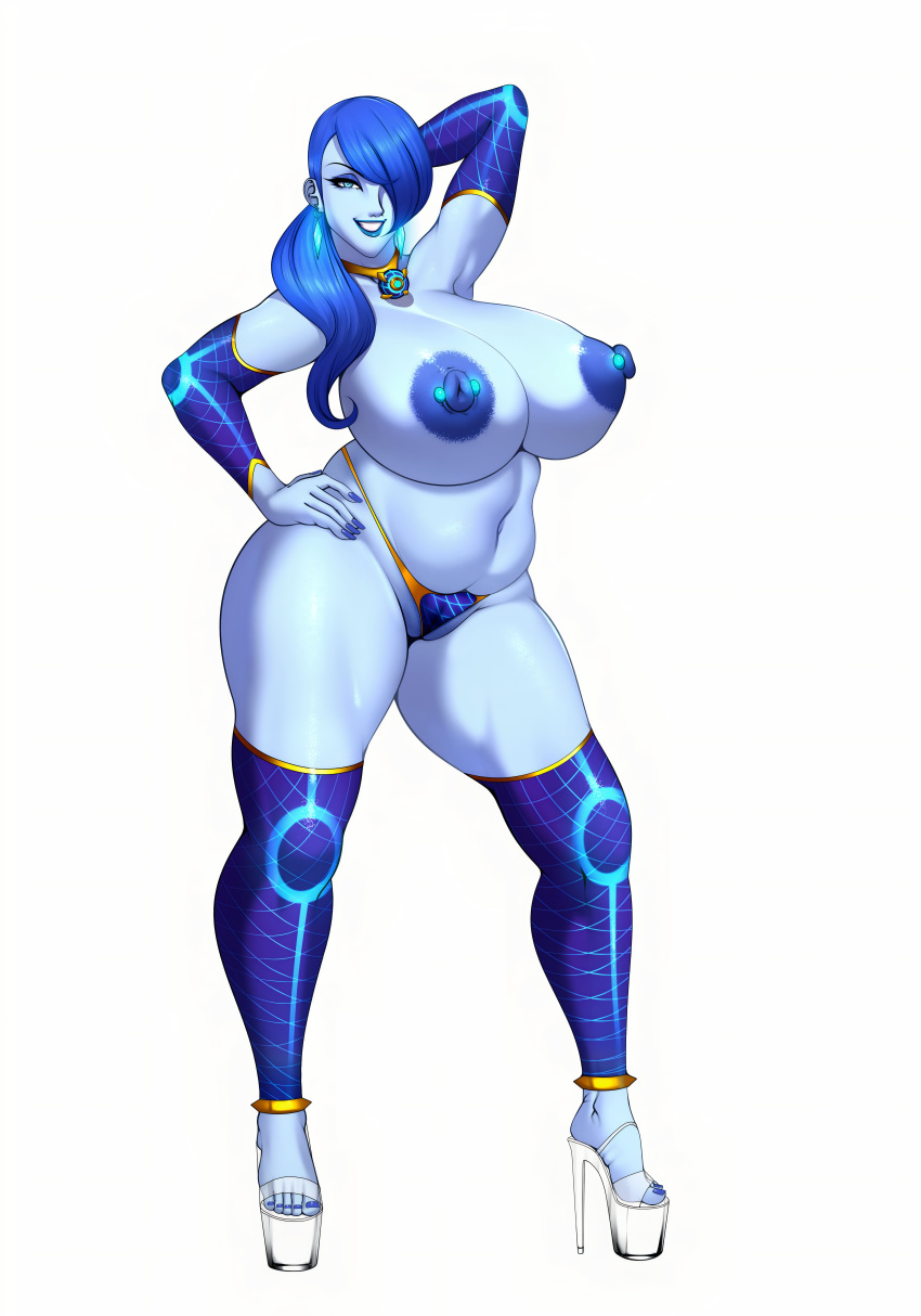 1girl big_ass big_breasts blue_hair blue_skin earrings gloves long_hair m_jr_art milf necklace piercing_nipples platform_shoes posing seductive sexy smile thick thighs