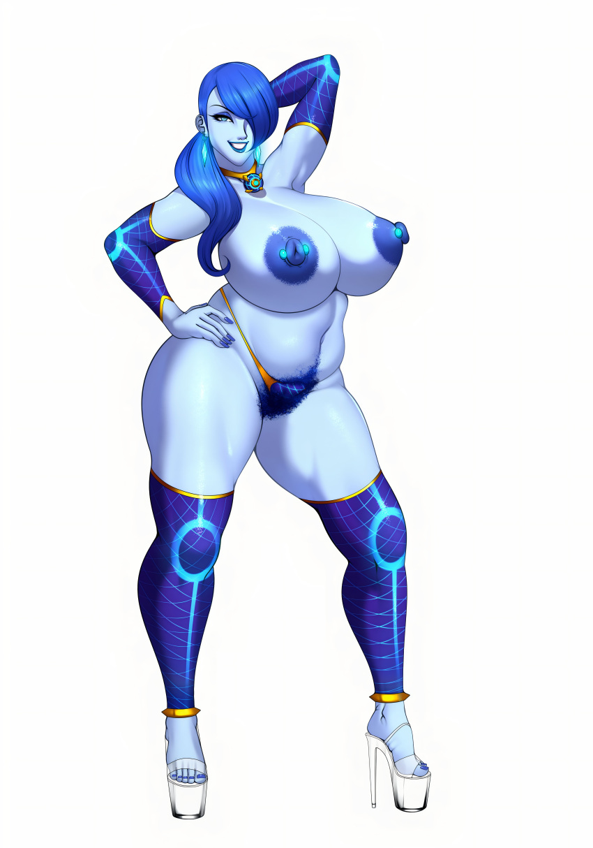 1girl big_ass big_breasts blue_hair blue_skin earrings gloves long_hair m_jr_art milf necklace piercing_nipples platform_shoes posing pubic_hair seductive sexy smile thick thighs
