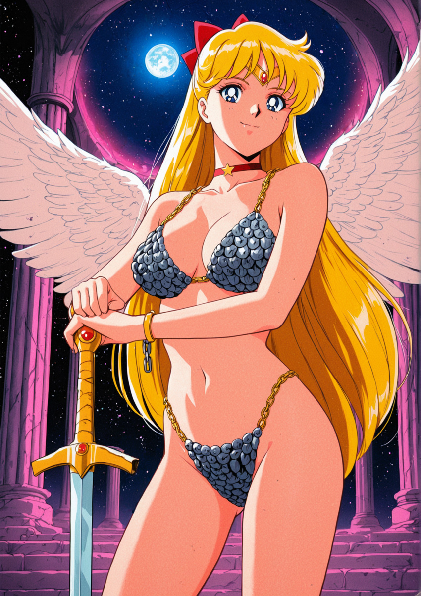 1girl accurate_art_style adult_swim alluring big_breasts bishoujo_senshi_sailor_moon bishoujo_senshi_sailor_moon_r bishoujo_senshi_sailor_moon_r_the_movie bishoujo_senshi_sailor_moon_s bishoujo_senshi_sailor_moon_s_the_movie bishoujo_senshi_sailor_moon_supers bishoujo_senshi_sailor_moon_supers_the_movie blonde_hair blue_eyes chain_bikini minako_aino nightcore_(artist) silver_bikini toei_animation toonami wings