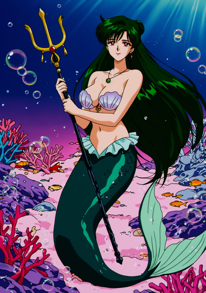 1girl accurate_art_style adult_swim alluring big_breasts bishoujo_senshi_sailor_moon bishoujo_senshi_sailor_moon_r bishoujo_senshi_sailor_moon_r_the_movie bishoujo_senshi_sailor_moon_s bishoujo_senshi_sailor_moon_s_the_movie bishoujo_senshi_sailor_moon_supers bishoujo_senshi_sailor_moon_supers_the_movie dark_green_hair female holding_trident magenta_eyes merfolk mermaid nightcore_(artist) ocean seashell_bikini seashell_bra setsuna_meiou solo toei_animation toonami trident underwater