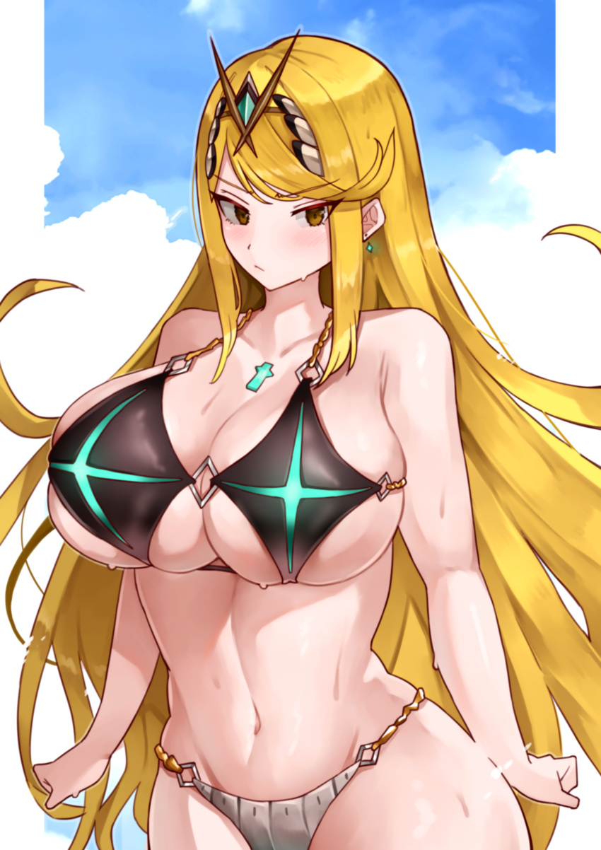 1girl 1girl absurd_res alluring alternate_costume big_breasts bikini black_bikini blonde_hair blue_sky border brown_eyes chest_jewel closed_mouth core_crystal_(xenoblade) earrings gem green_gemstone grey_bikini high_res jewelry long_hair mythra_(xenoblade) navel nude o-ring o-ring_bikini oniisan02b pillarboxed shiorino_mani_(artist) sky sweat swimsuit tiara upper_body very_long_hair white_border xenoblade_(series) xenoblade_chronicles_2 yotsuhauni
