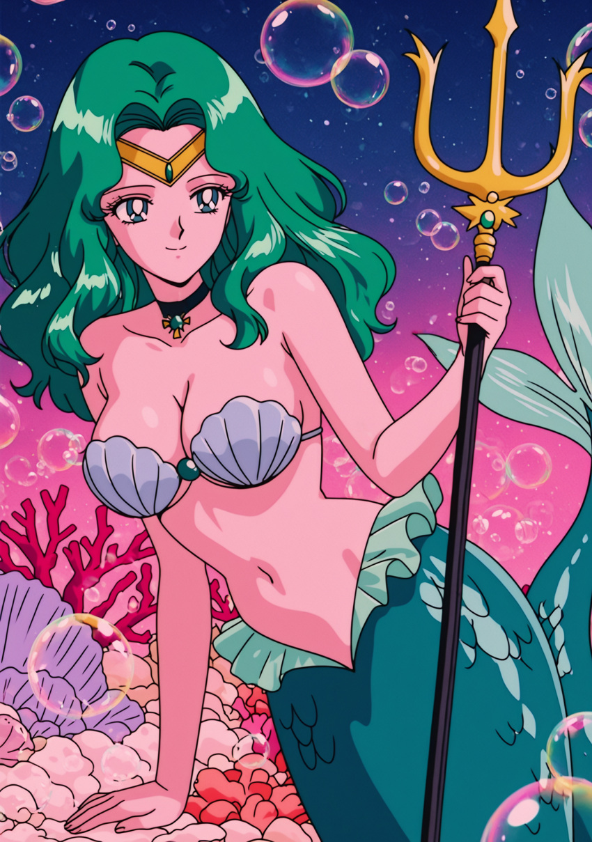 1girl accurate_art_style adult_swim alluring big_breasts bishoujo_senshi_sailor_moon bishoujo_senshi_sailor_moon_s bishoujo_senshi_sailor_moon_s_the_movie bishoujo_senshi_sailor_moon_supers bishoujo_senshi_sailor_moon_supers_the_movie female holding_trident merfolk mermaid michiru_kaiou nightcore_(artist) ocean seashell_bikini seashell_bra solo teal_eyes teal_hair toei_animation toonami trident underwater