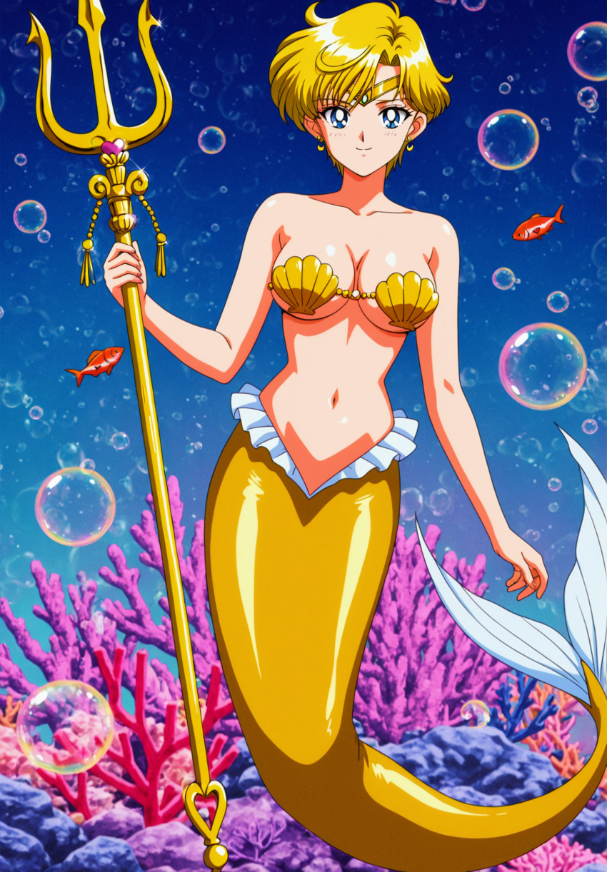1girl accurate_art_style adult_swim alluring big_breasts bishoujo_senshi_sailor_moon bishoujo_senshi_sailor_moon_s bishoujo_senshi_sailor_moon_s_the_movie bishoujo_senshi_sailor_moon_supers bishoujo_senshi_sailor_moon_supers_the_movie blonde_hair female haruka_tenou holding_trident merfolk mermaid navy_eyes nightcore_(artist) ocean seashell_bikini seashell_bra solo toei_animation toonami trident underwater