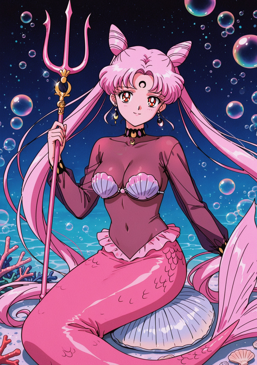 1girl accurate_art_style adult_swim alluring big_breasts bishoujo_senshi_sailor_moon bishoujo_senshi_sailor_moon_r bishoujo_senshi_sailor_moon_r_the_movie bishoujo_senshi_sailor_moon_s bishoujo_senshi_sailor_moon_s_the_movie bishoujo_senshi_sailor_moon_supers bishoujo_senshi_sailor_moon_supers_the_movie chibi_usa female heroine holding_trident magenta_eyes merfolk mermaid nightcore_(artist) ocean pink_hair seashell_bikini seashell_bra solo toei_animation toonami trident underwater