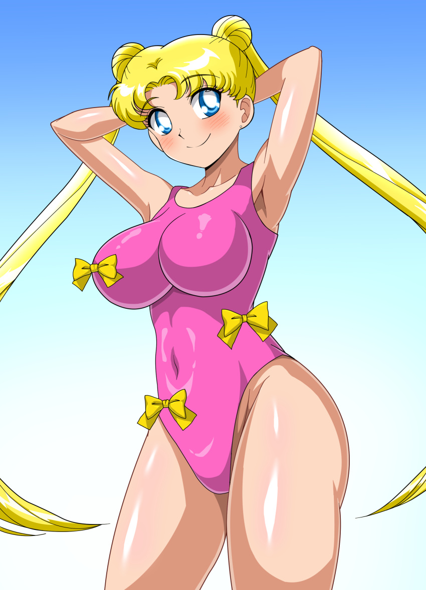 1girl 1girl absurd_res adult_swim alluring arms_behind_head big_breasts bishoujo_senshi_sailor_moon bishoujo_senshi_sailor_moon_r bishoujo_senshi_sailor_moon_r_the_movie bishoujo_senshi_sailor_moon_s bishoujo_senshi_sailor_moon_s_the_movie bishoujo_senshi_sailor_moon_supers bishoujo_senshi_sailor_moon_supers_the_movie blonde_hair blue_eyes bow bowtie covered_navel double_bun hair_bun high_res highleg legs long_hair looking_at_viewer one-piece_bikini smile suretro swimsuit thighs toei_animation toonami twin_tails usagi_tsukino viz_media yellow_bow yellow_bowtie