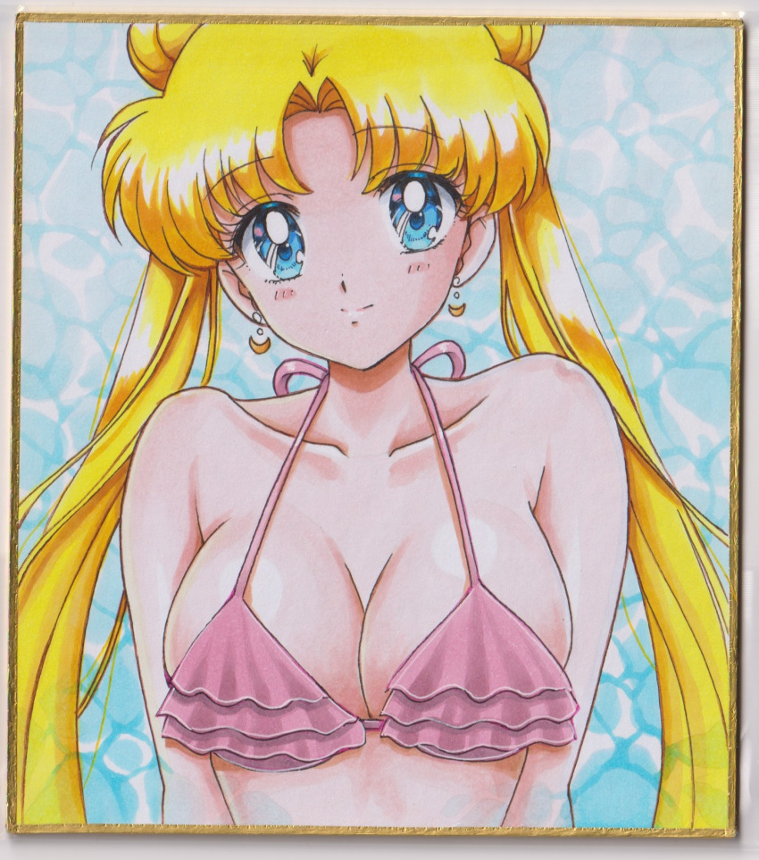 1girl 1girl adult_swim alluring big_breasts bikini bishoujo_senshi_sailor_moon bishoujo_senshi_sailor_moon_r bishoujo_senshi_sailor_moon_r_the_movie bishoujo_senshi_sailor_moon_s bishoujo_senshi_sailor_moon_s_the_movie bishoujo_senshi_sailor_moon_supers bishoujo_senshi_sailor_moon_supers_the_movie blonde_hair blue_eyes chikoto_(kztc4472) cleavage crescent crescent_earrings double_bun earrings frilled_bikini frills hair_bun high_res jewelry long_hair looking_at_viewer medium_breasts pink_bikini smile swimsuit toei_animation toonami traditional_media twin_tails usagi_tsukino viz_media
