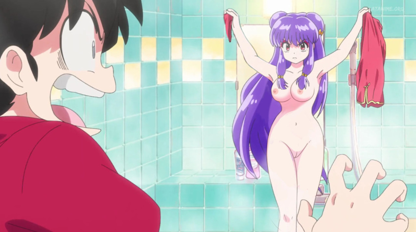 1boy 1girl arms_up bathroom big_breasts black_hair edit long_hair nekom14 nipples purple_hair ranma_1/2 ranma_saotome screencap shampoo_(ranma_1/2) undressing