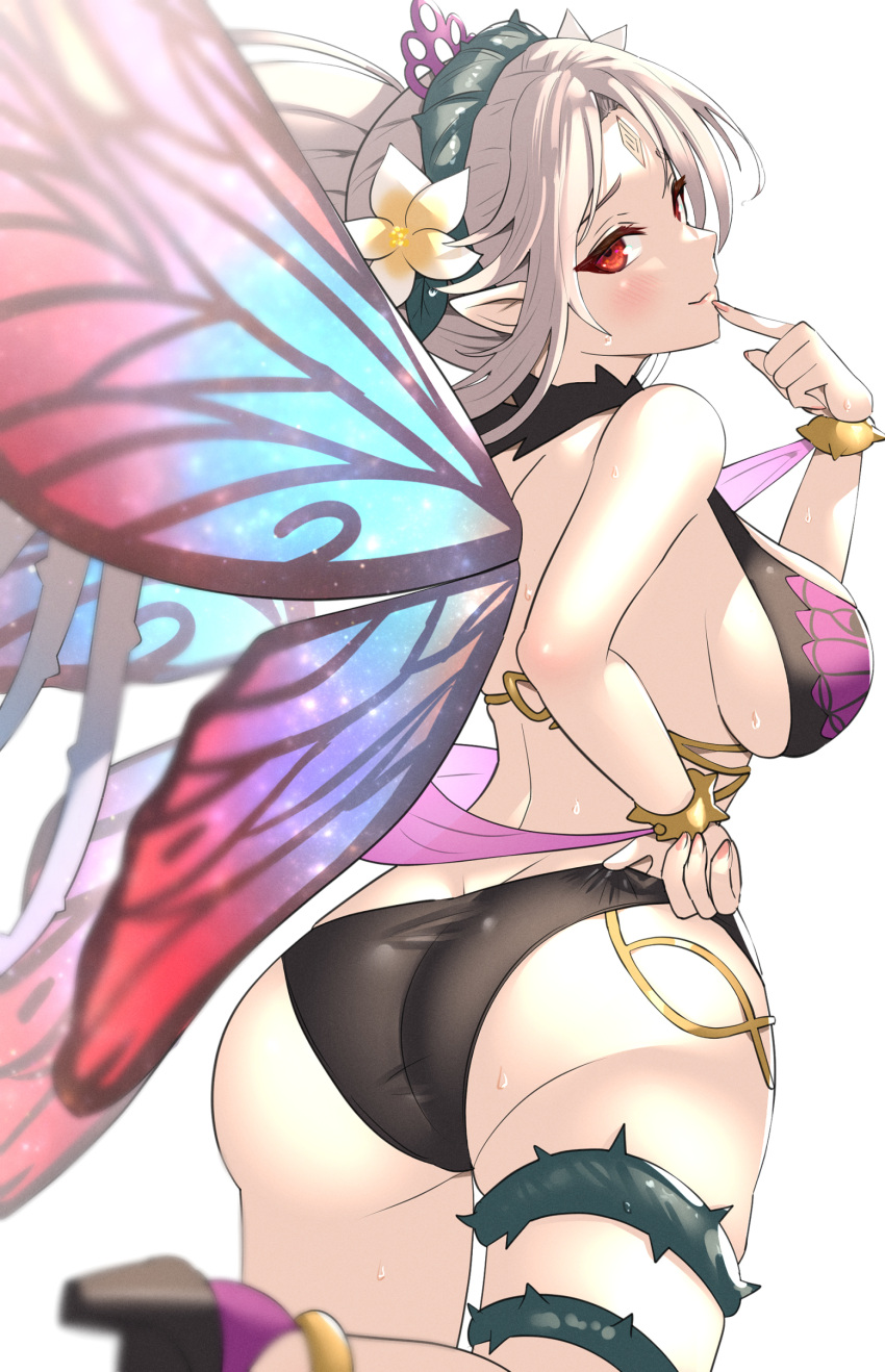 1girl 1girl 1girl absurd_res adjusting_clothes adjusting_swimsuit alluring alternate_costume ass ass_cleavage ass_crack back back_view bangs big_breasts bikini black_bikini black_swimsuit blush bracelet butt_crack commentary_request facial_mark fairy fairy_wings female_only finger_to_mouth fingernails fire_emblem fire_emblem_heroes flower forehead_mark from_behind gonzarez grey_hair hair_flower hair_ornament high_res intelligent_systems jewelry large_ass leg_lift lips long_hair looking_back naughty_face nintendo official_alternate_costume parted_bangs plumeria_(fire_emblem) pointy_ears ponytail red_eyes sandals seductive_smile sideboob simple_background smile sweat sweatdrop swimsuit thigh_strap thighs thorns tied_hair wet white_background wings