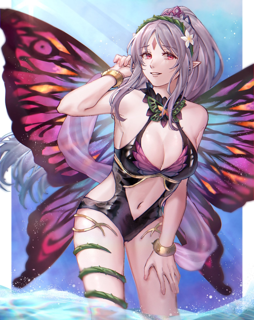 1girl 1girl 1girl adjusting_hair ai_tkkm alluring alternate_costume bare_legs big_breasts black_swimsuit breasts cleavage fairy fairy_wings fire_emblem fire_emblem_heroes green_hair grin intelligent_systems long_hair nintendo one-piece_bikini plumeria_(fire_emblem) ponytail red_eyes smile solo_female swimsuit very_long_hair wings
