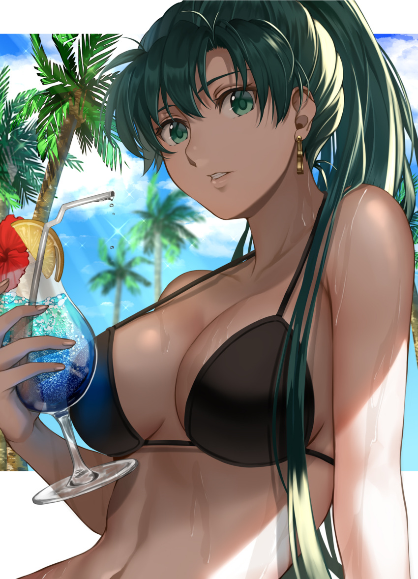 1girl 1girl 1girl alluring alternate_costume bare_shoulders big_breasts bikini black_bikini black_swimsuit blue_sky cleavage cloud commentary_request cup cupping_glass day delsaber drink drinking_straw ear_piercing earrings female_only fire_emblem fire_emblem:_the_blazing_blade food fruit green_eyes green_hair high_res holding holding_cup intelligent_systems jewelry lemon lemon_slice light-skinned_female light_skin long_hair looking_at_viewer lyn lyn_(fire_emblem) lyndis lyndis_(fire_emblem) navel nintendo palm_tree parted_lips ponytail saber7 sky stomach swimsuit upper_body very_long_hair wet