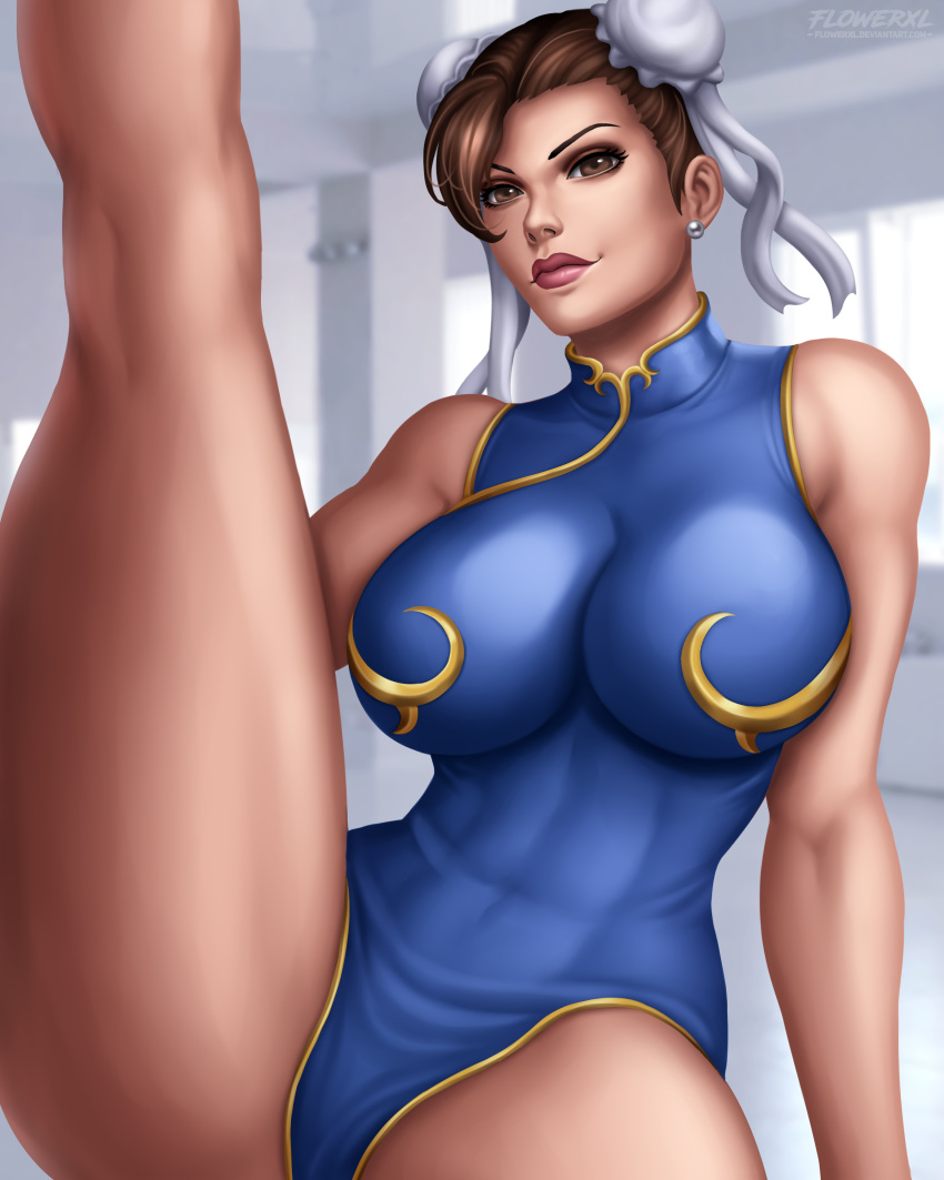 1girl 1girl 1girl asian athletic athletic_female big_breasts big_breasts breasts brown_eyes brown_hair chun-li double_bun earrings flowerxl legs legs_up leotard purple_lips street_fighter thick_thighs