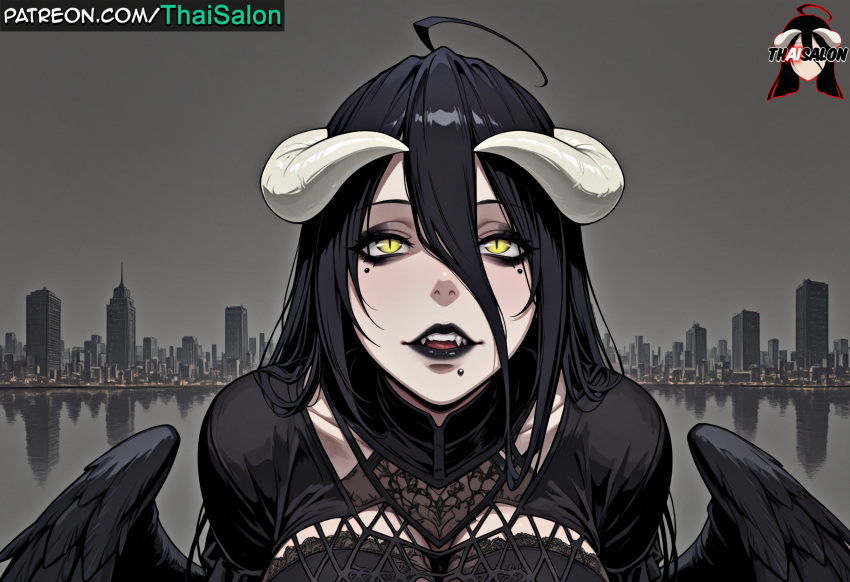 1girl 1girl 1girls ahoge ai_assisted ai_generated albedo_(overlord) bangs big_breasts black_hair black_lipstick black_wings breasts chromatic_abberation city cleavage demon_girl demon_horns emo eyebrows eyelashes eyeliner eyeshadow face_piercings fangs feathered_wings goth goth_girl hair_between_eyes hires horns long_hair looking_at_viewer makeup open_mouth original overlord_(maruyama) patreon patreon_username piercing sexually_suggestive slit_pupils stable_diffusion tagme thaisalon upper_body watermark wings yellow_eyes