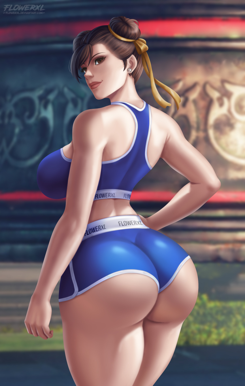 1girl 1girl 1girls ass backboob big_ass big_breasts big_breasts booty_shorts breasts bubble_ass bubble_butt chun-li female_only flowerxl from_behind huge_ass looking_at_viewer looking_back pants short_shorts shorts skin_tight standing street_fighter thick_thighs wide_hips
