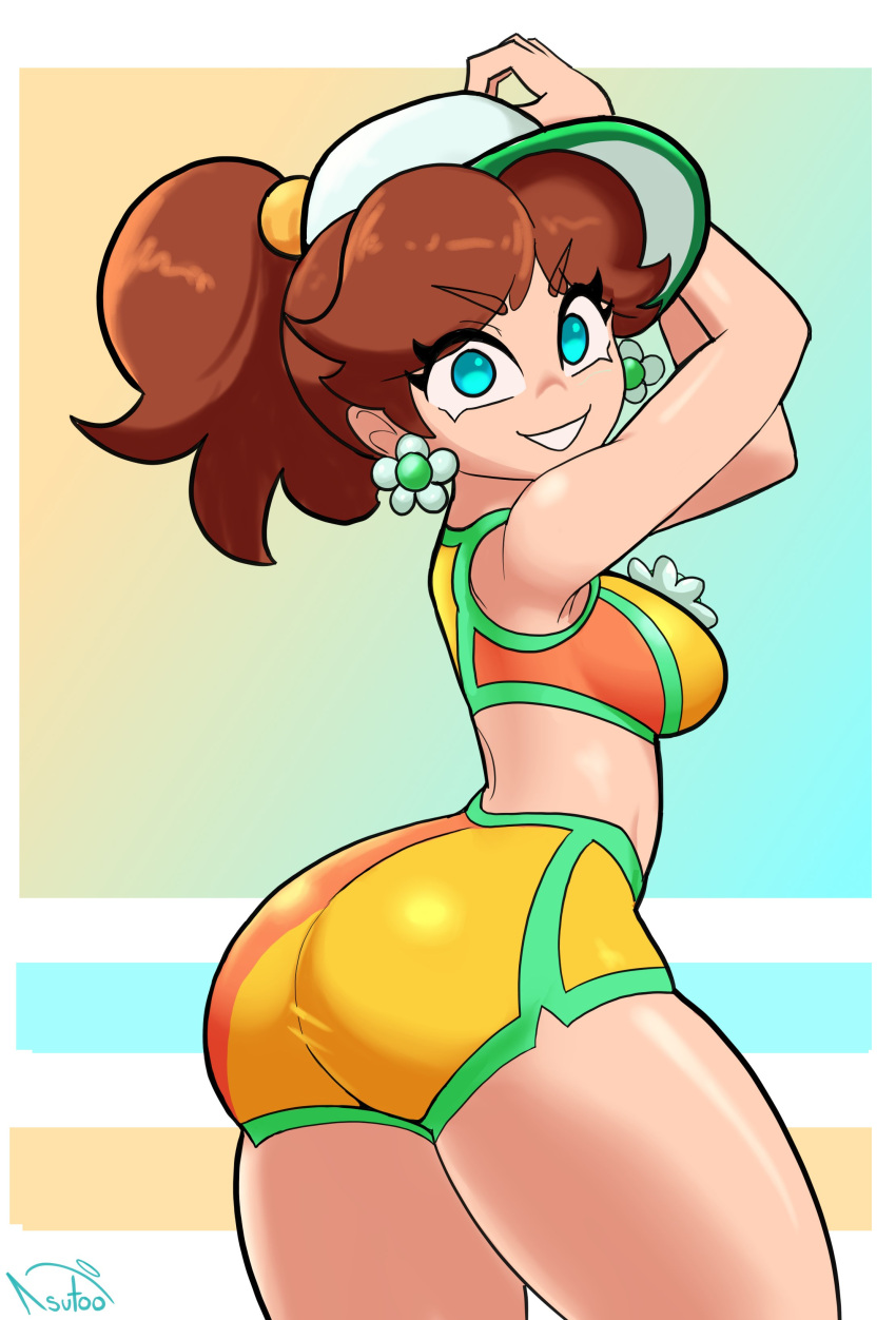 1girl 1girl 1girls ass big_breasts blue_eyes breasts brown_hair earrings flower_earrings kasutoo1 large_ass looking_at_viewer mario_(series) mario_kart_world nintendo ponytail princess_daisy princess_daisy_(swimwear) short_hair shorts super_mario_bros. swimwear thick_thighs thighs visor