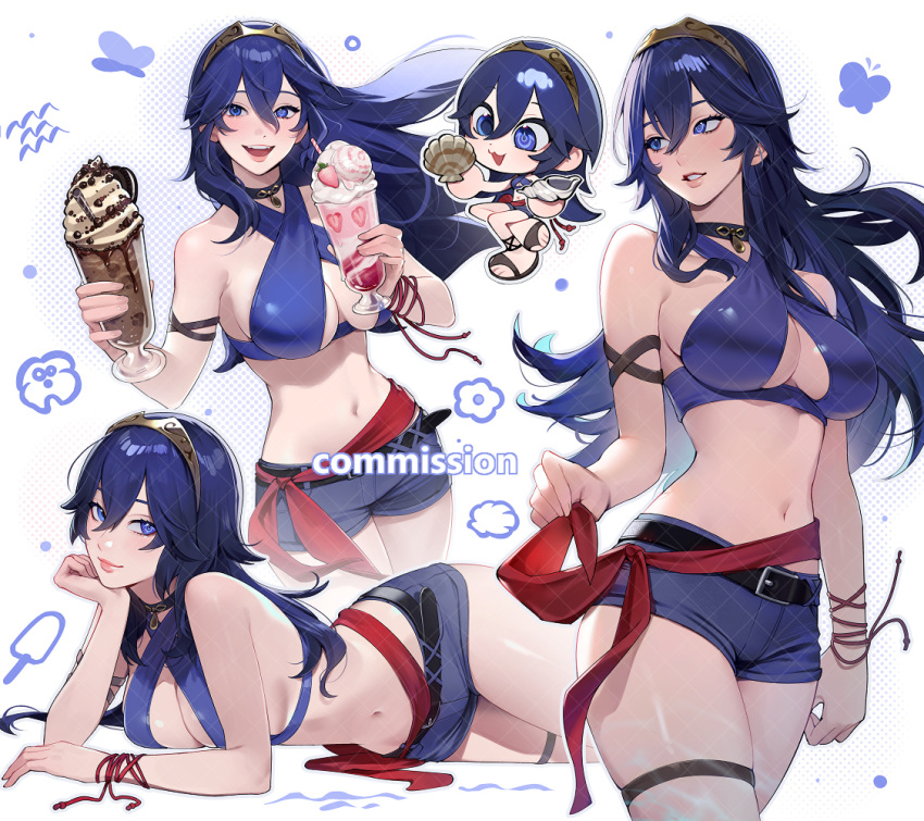 1girl 1girl :3 alluring alternate_breast_size_(larger) alternate_costume belt belt_buckle big_breasts bikini black_belt blue_bikini blue_eyes blue_hair blue_shorts buckle chibi commentary commission english_commentary fire_emblem fire_emblem_awakening fire_emblem_warriors floating_hair grin hair_between_eyes head_rest holding holding_seashell intelligent_systems lavelis lips long_blue_hair long_hair looking_at_viewer lucina lucina_(fire_emblem) medium_breasts navel nintendo pink_lips sandals seashell second-party_source shell short_shorts shorts skindentation smile stomach swimsuit thick_thighs thighs tiara white_background