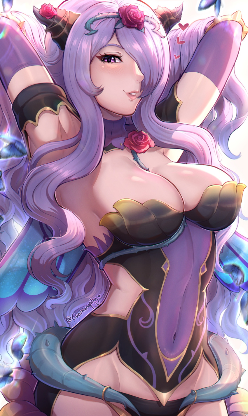 1girl 1girl absurd_res alluring arms_behind_head arms_up big_breasts black_panties camilla_(fire_emblem) camilla_(resplendent)_(fire_emblem) cleavage clothing_cutout evomanaphy fire_emblem fire_emblem_fates fire_emblem_heroes fire_emblem_warriors flower hair_flower hair_ornament hair_over_one_eye high_res intelligent_systems long_hair looking_at_viewer navel navel_cutout nintendo official_alternate_costume panties purple_hair red_flower red_rose rose smile underwear