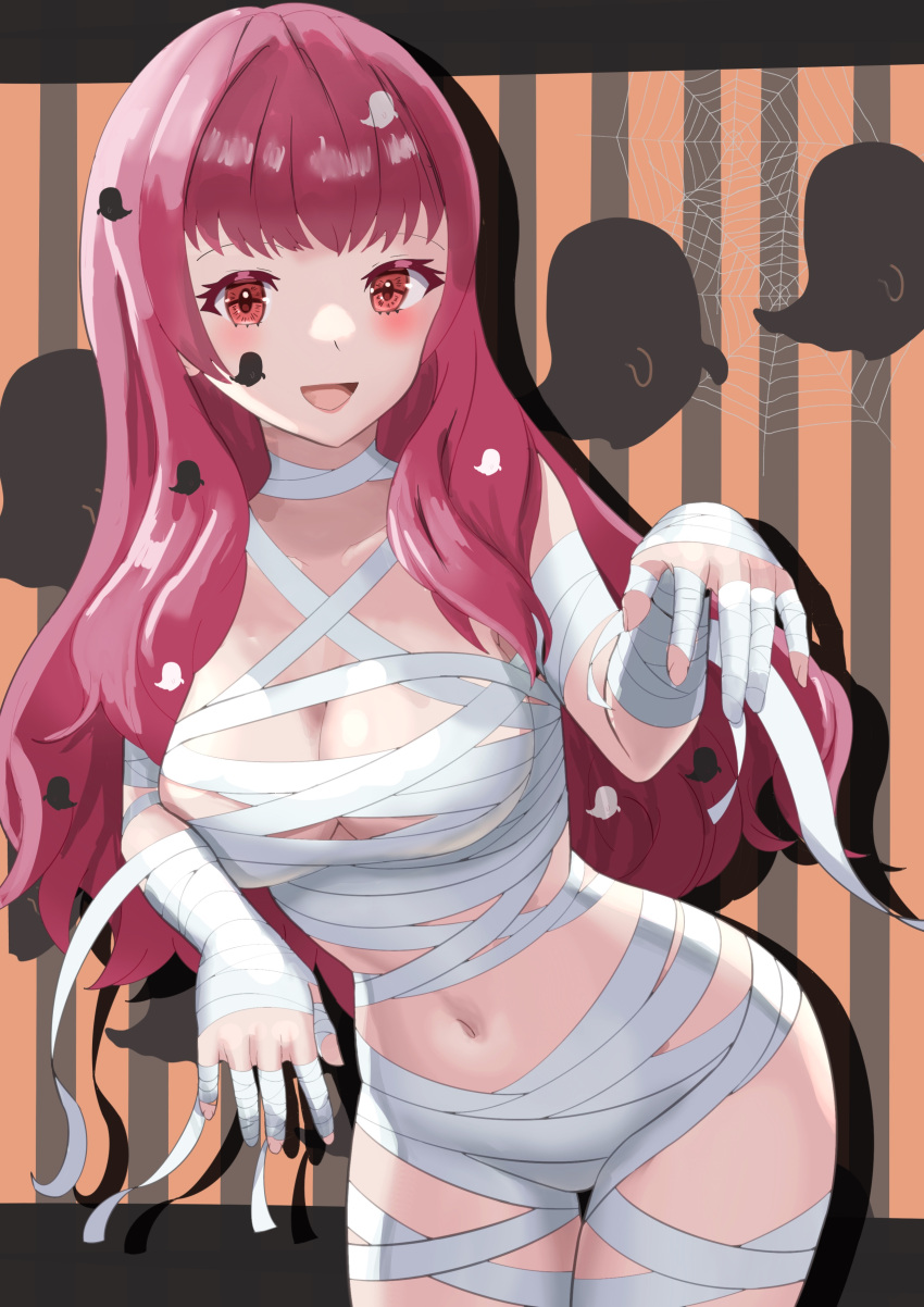 1girl 1girl absurd_res alluring bandages big_breasts cleavage facial_mark fire_emblem fire_emblem_engage hair_ornament halloween halloween_costume high_res intelligent_systems long_hair looking_at_viewer midriff mummy_costume naked_bandage navel nintendo red_eyes red_hair smile star_(symbol) star_facial_mark star_hair_ornament stomach tarutaru193 upper_body yunaka_(fire_emblem)