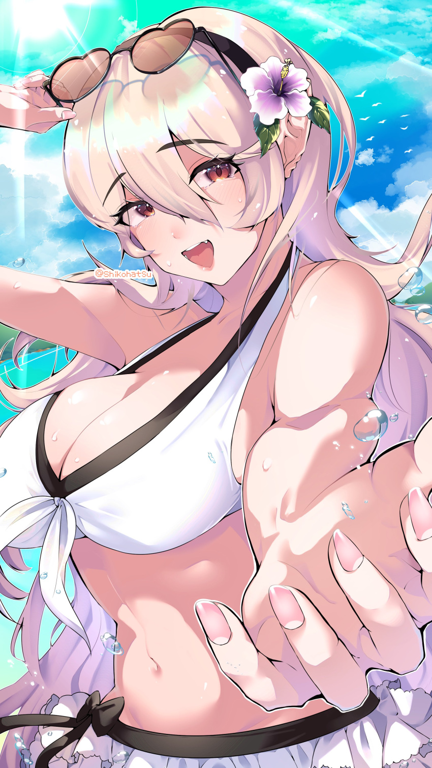 1girl 1girl absurd_res alluring bare_shoulders big_breasts bikini bikini_skirt black_hairband blue_sky blush cleavage cloud corrin_(fire_emblem) corrin_(fire_emblem)_(female) corrin_(summer)_(fire_emblem)_(female) eyewear_on_head fire_emblem fire_emblem_fates fire_emblem_heroes fire_emblem_warriors flower grey_hair hair_between_eyes hair_flower hair_ornament hairband heart heart-shaped_eyewear high_res intelligent_systems long_hair looking_at_viewer navel nintendo ocean official_alternate_costume outside outstretched_arm pointy_ears red_eyes shikohatsu skindentation sky smile stomach sunglasses swimsuit upper_body water wet white_bikini